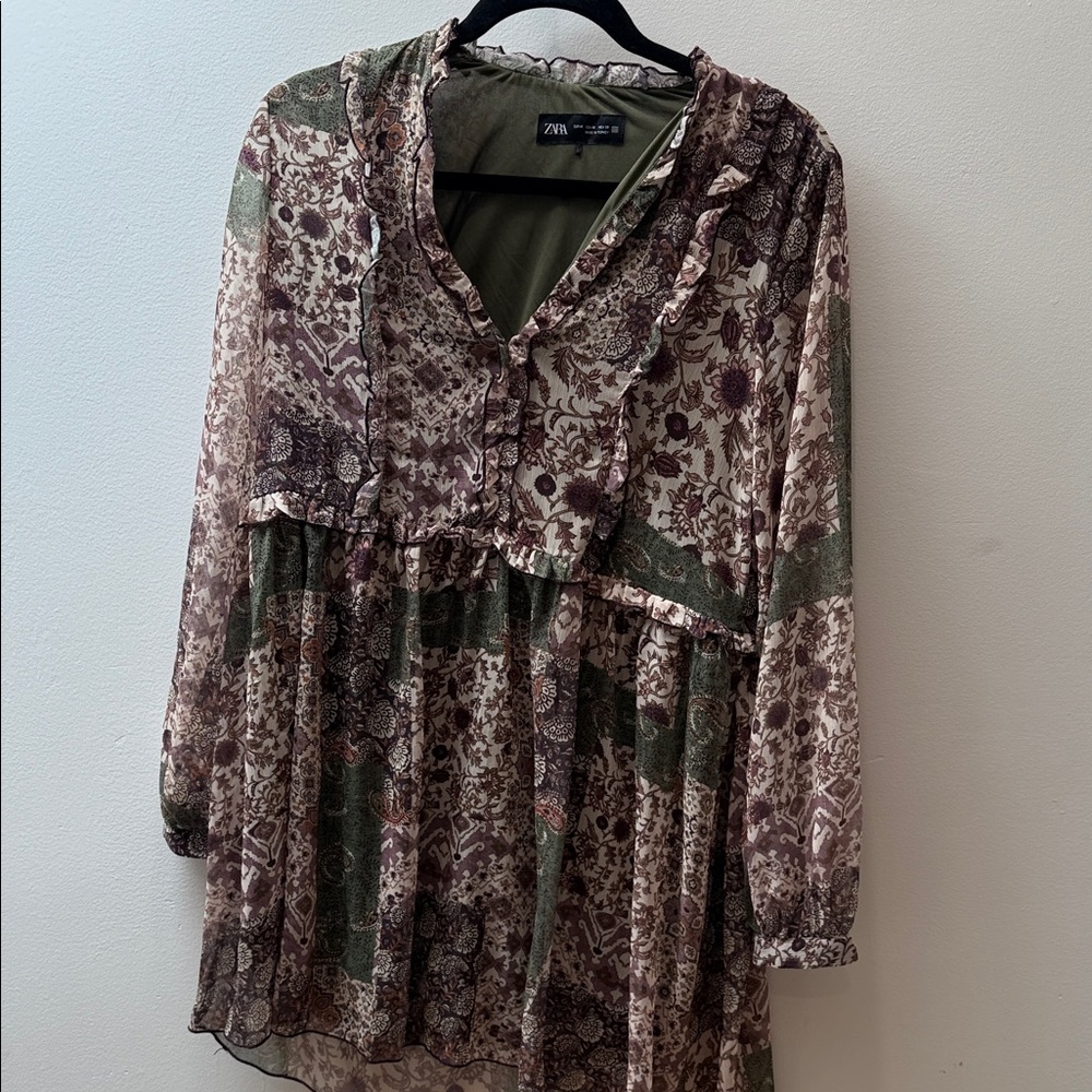 Zara Olive Green Dress with Ruffle Trim